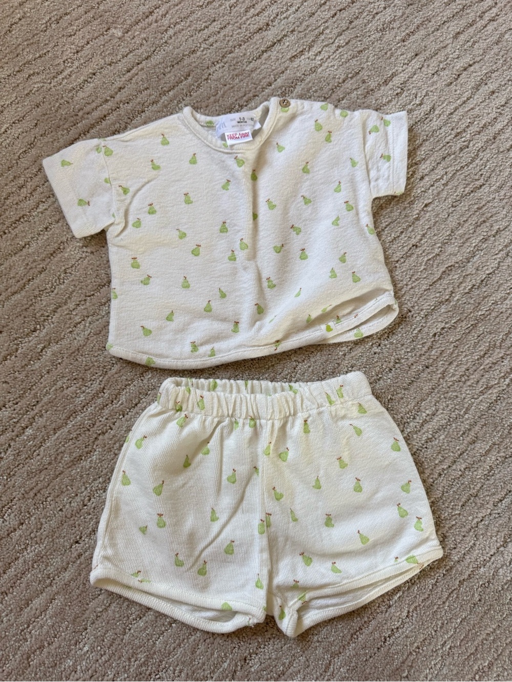 Zara Cream Short Sleeve Top & Shorts Set with Green Pear Print